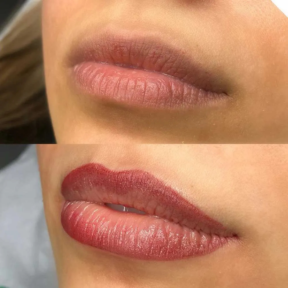 The lip blushing technique is used to saturate the outer edges of the lips the most, while the color gets gradually more transparent towards the centre