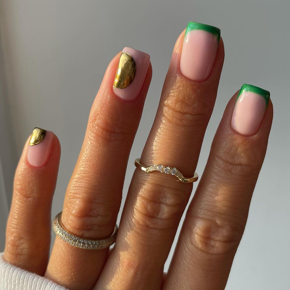 Gold-Green Short French Manicure